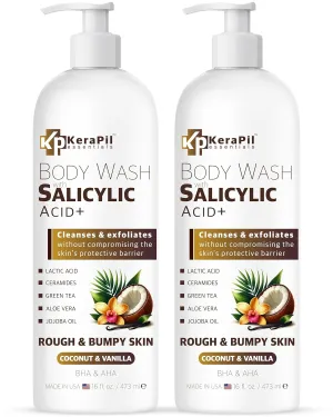 Exfoliating Body Wash with Salicylic Acid - No Dry Out, Gentle Exfoliates Rough and Bumpy Skin, Body Acne Wash, BHA & AHA - Coconut and Vanilla Salicylic Acid Body Wash - (16 fl oz x 2)