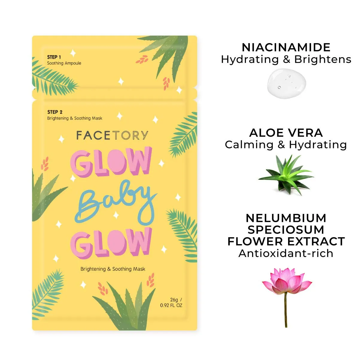 FACETORY K Beauty Face Mask Skin Care - Glow Baby Glow 2-Step Sheet Mask with Niacinamide & Aloe   Calming Ampoule | Brightens, Hydrates, Glowing Skin (10 Pack)