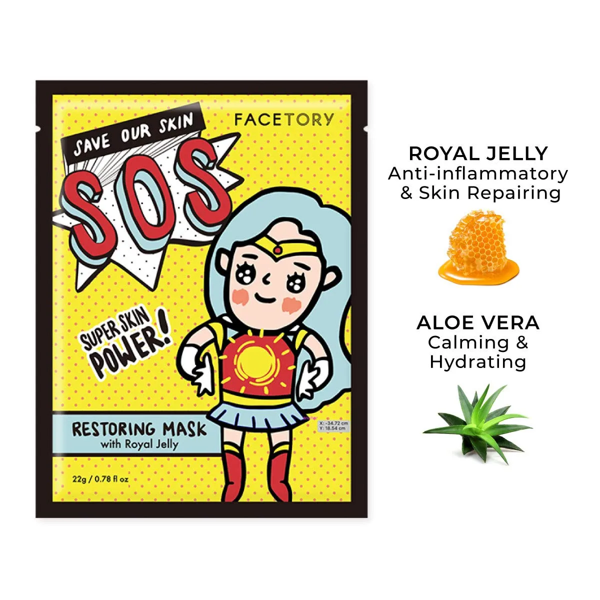 FACETORY K Beauty Face Mask Skin Care - SOS SAVE OUR SKIN RESTORING Sheet Mask with Royal Jelly & Aloe | De-Stress, Calm Inflammation, Dewy Skin (10 Pack)