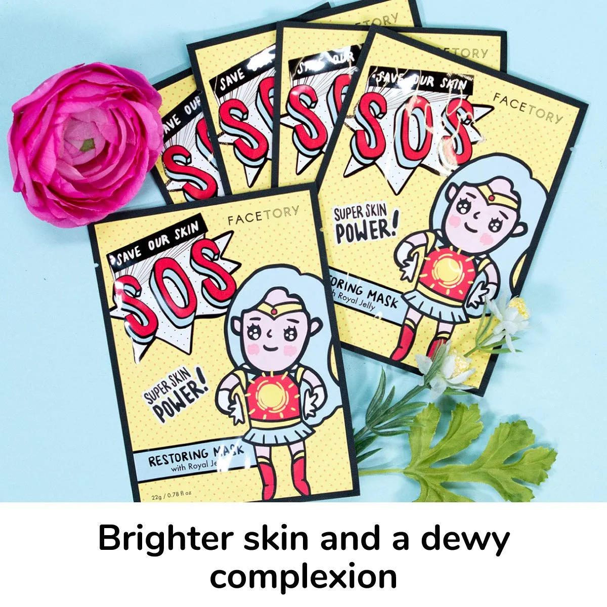 FACETORY K Beauty Face Mask Skin Care - SOS SAVE OUR SKIN RESTORING Sheet Mask with Royal Jelly & Aloe | De-Stress, Calm Inflammation, Dewy Skin (10 Pack)
