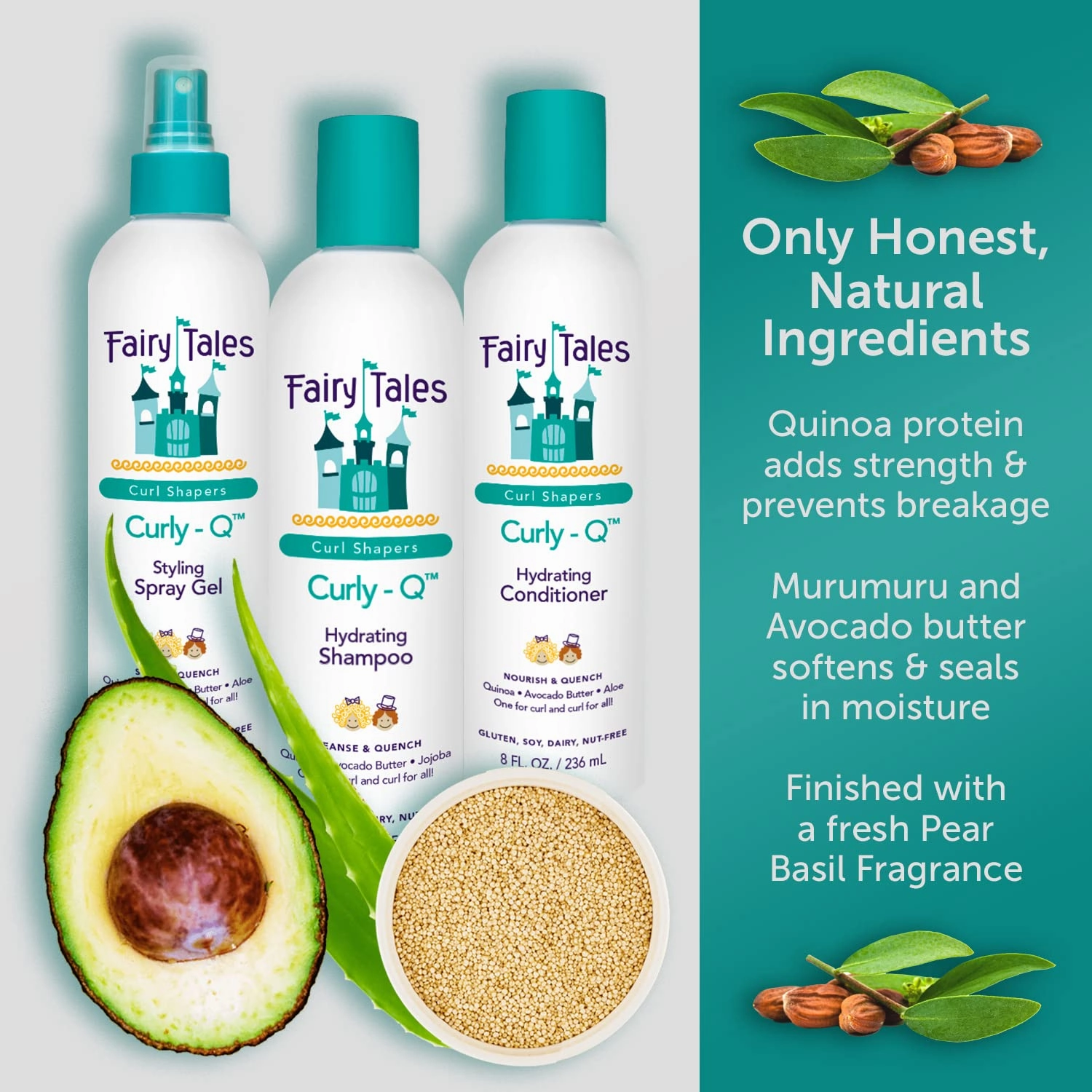 Fairy Tales Curly Q Daily Hydrating Shampoo, Conditioner, Spray for Normal, Damaged, Curly, Color Treated, All Hair - Hydrating Kids Travel Kit with Murumuru butter, Aloe, Rosemary - 3.3oz (Pack of 3)