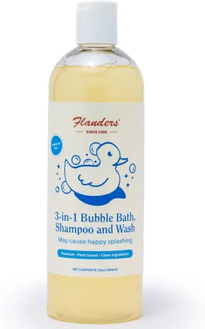 Flanders Bubble Bath - Shampoo & Wash 3-in-1, Pharmacist Developed, Plant Based, Unscented, Clean Ingredients, Calming & Fun for Sensitive Skin, All Ages (15oz)