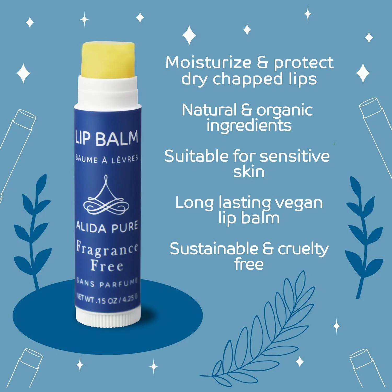 Fragrance Free Lip Balm, Vegan Set, Unscented, No Flavor, Beeswax Free, Organic Jojoba And, Avocado Oil, Vitamin E, Natural Moisturizer for Dry, Chapped, or Cracked Lips, 5 Tube Set