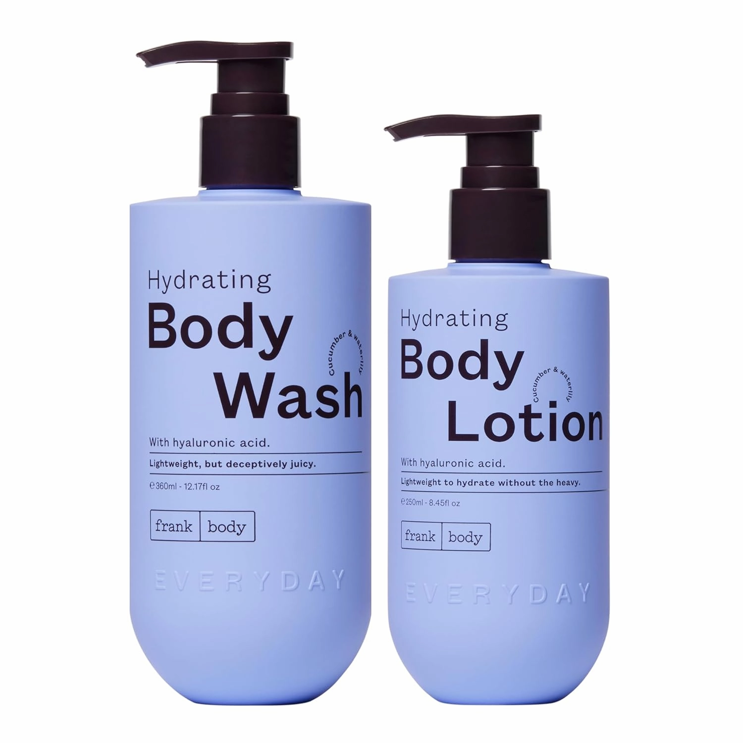 frank body Hydrating Body Wash & Body Lotion Bundle | Vegan & Cruelty Free | Made with Hyaluronic Acid, Glycerin and Aloe Vera to Hydrate, Plump and Cleanse | Cucumber and Waterlily Scent