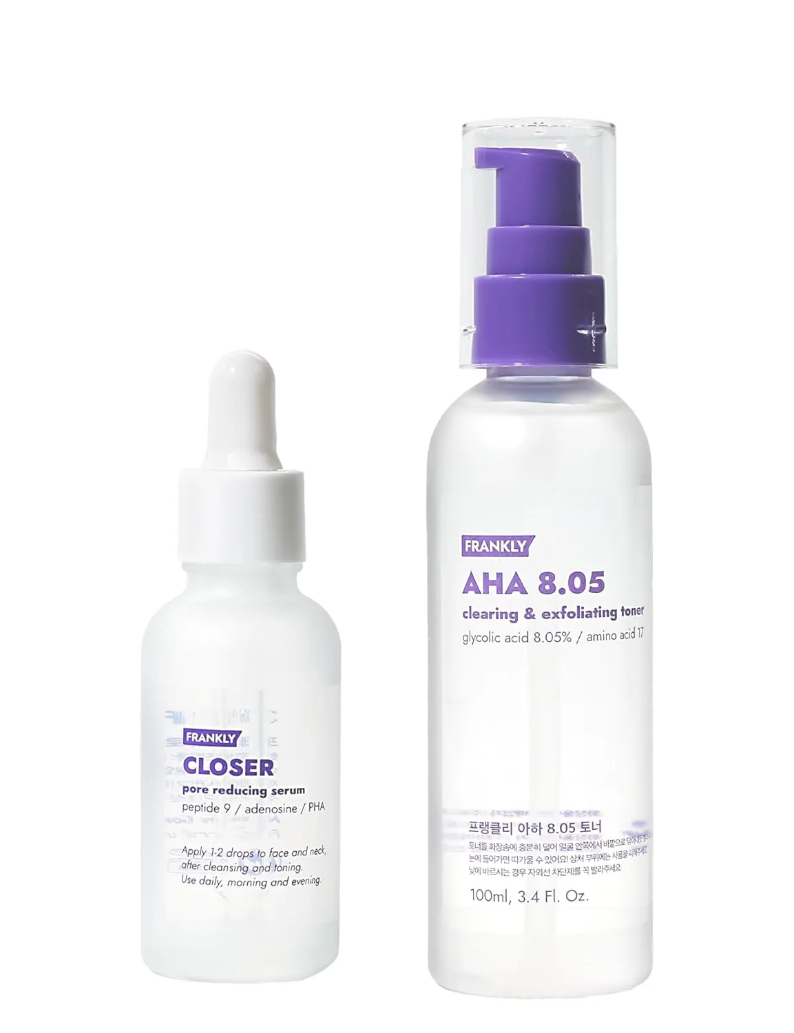 FRANKLY Pore-Perfecting Duo : Closer Serum & AHA 8.05 Toner | Pore Minimizer, Anti-Aging, Glycolic Acid & Peptide Formula | Smooths Skin Texture & Boosts Radiance | Korean Skincare Set