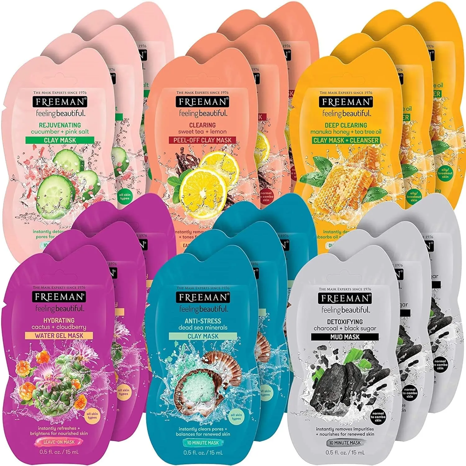 Freeman Facial Mask Variety Pack: Clay, Gel, Mud, & Peel-Off Skincare Masks, Hydrating, Detoxifying, Clearing, & Rejuvenating, For Healthy Skin, Trial Size & Travel-Friendly Sachets, 18 Count