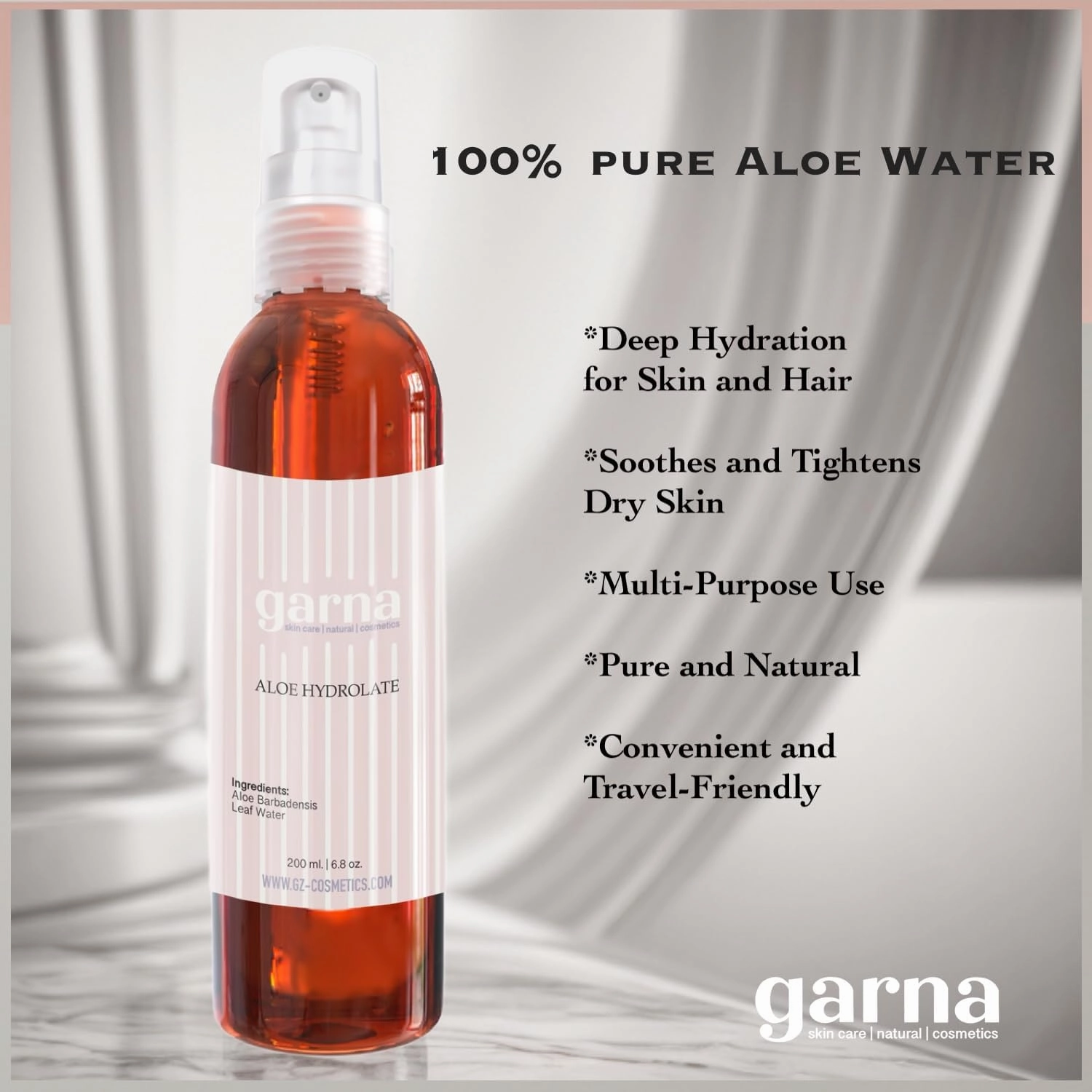 Garna Aloe Vera Leaf Water 6.8 fl oz (Pack of 2): Versatile Hydrating Face & Body Spray, 100% Pure Hydrolate Toner, Instant Skin Refresh & Tightening, Eco-Friendly, Travel-Size