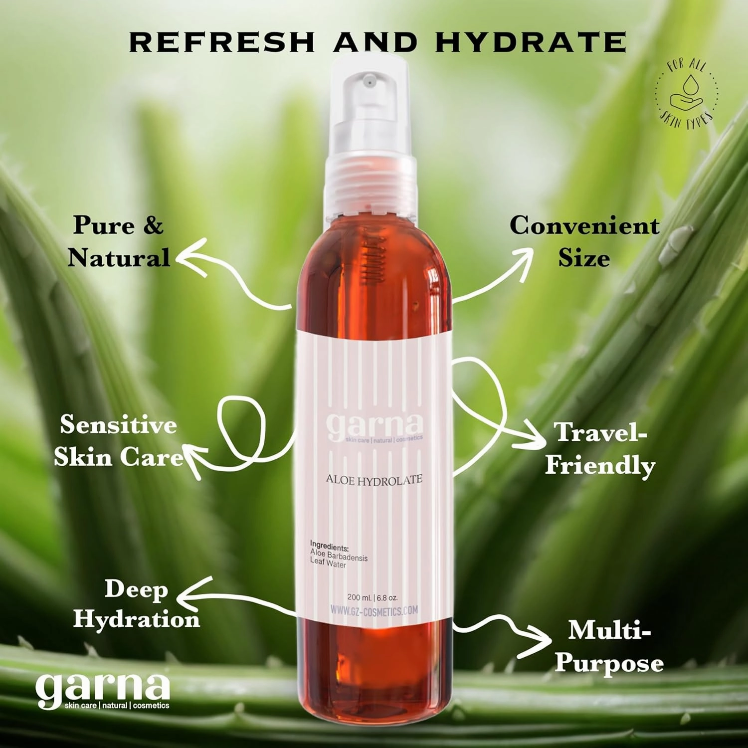 Garna Aloe Vera Leaf Water 6.8 fl oz (Pack of 2): Versatile Hydrating Face & Body Spray, 100% Pure Hydrolate Toner, Instant Skin Refresh & Tightening, Eco-Friendly, Travel-Size