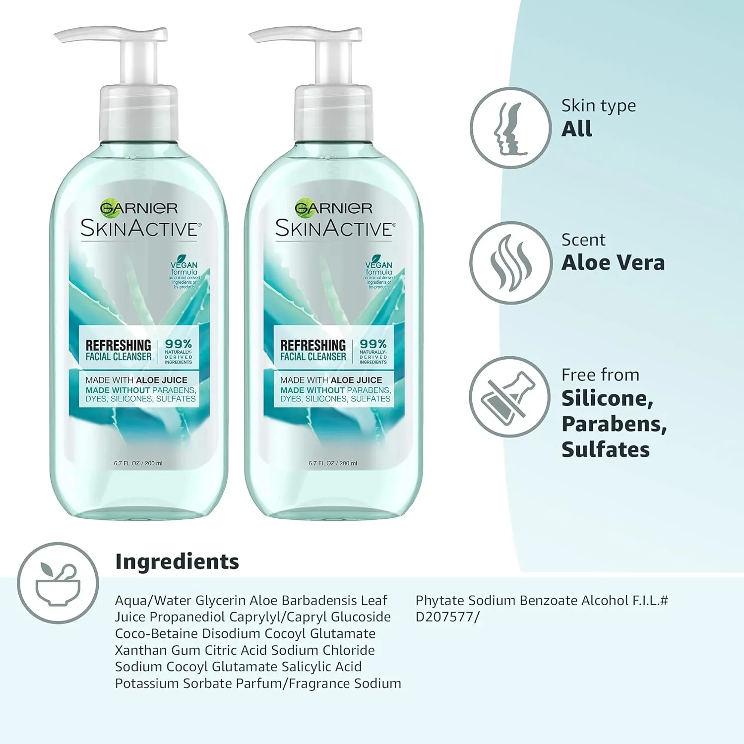 Garnier SkinActive Face Wash with Aloe Juice, For Dry Skin, 6.7 fl. oz (Packaging May Vary), 2 Count