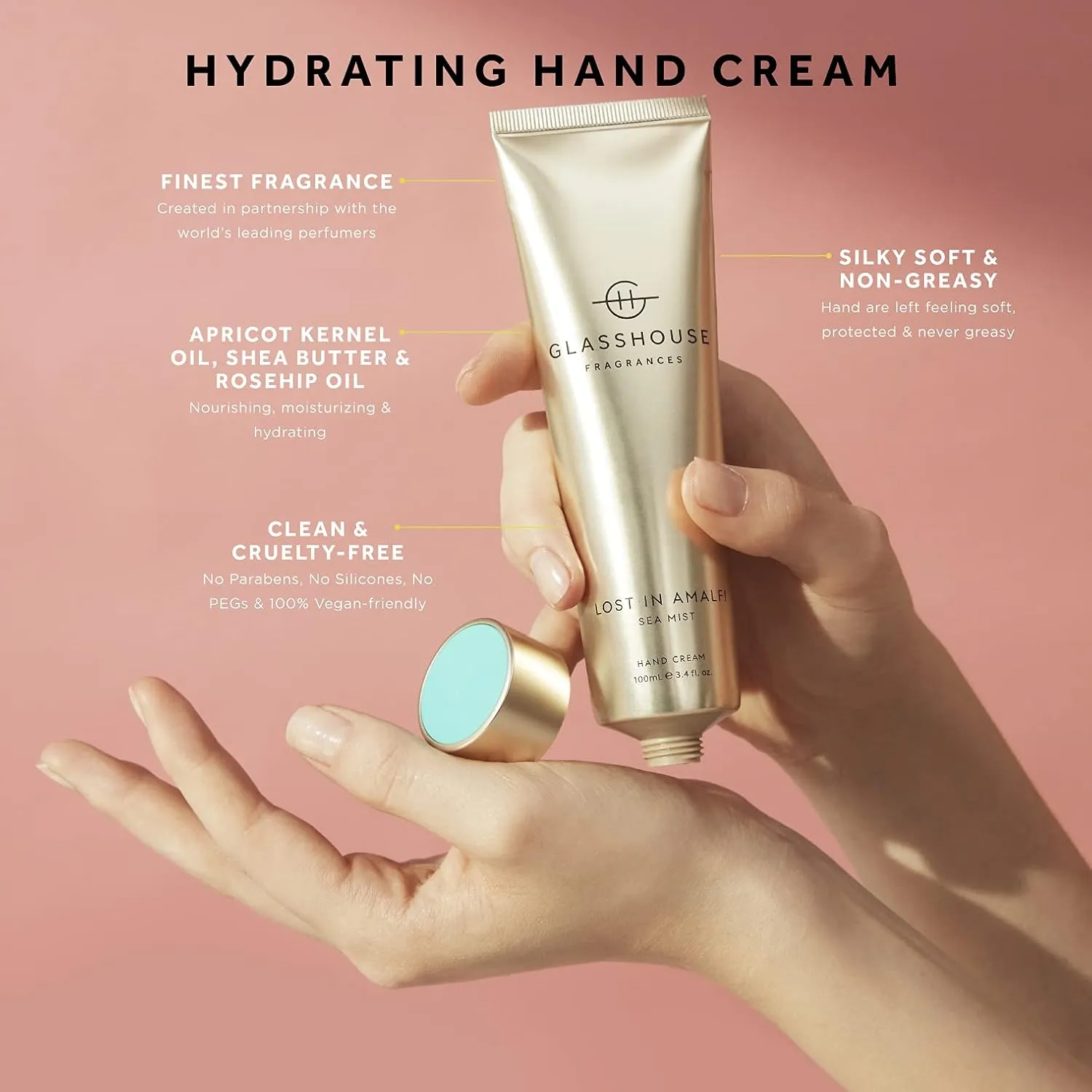 Glasshouse Fragrances The Hamptons Hand Cream, Rich in Shea Butter & Rosehip Oil, Moisturizing & Perfume Scented, Teak & Petitgrain, 3.4 Fl Oz (100mL)