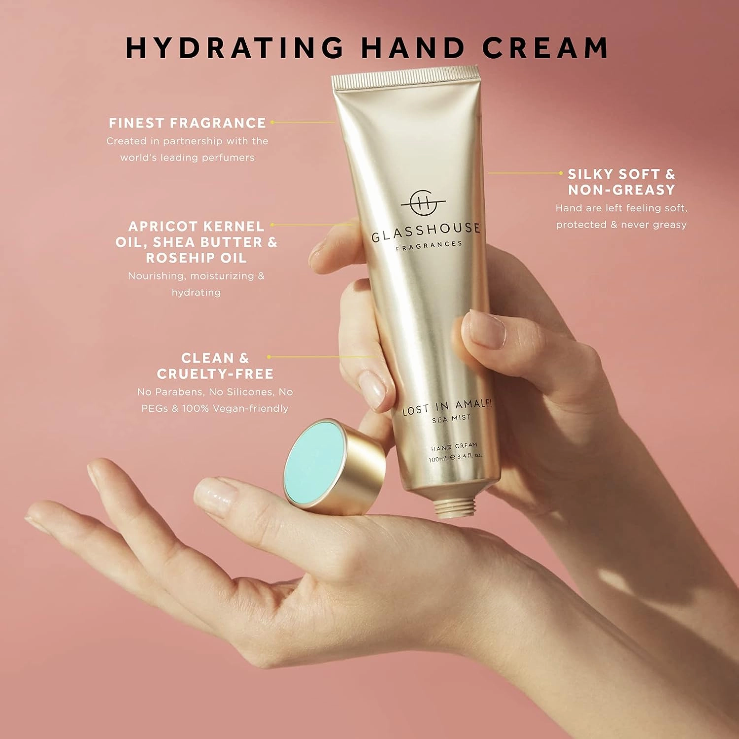 Glasshouse Fragrances Lost In Amalfi Hand Cream, Rich in Shea Butter & Rosehip Oil, Moisturizing & Perfume Scented, Sea Mist, 3.4 Fl Oz (100mL)