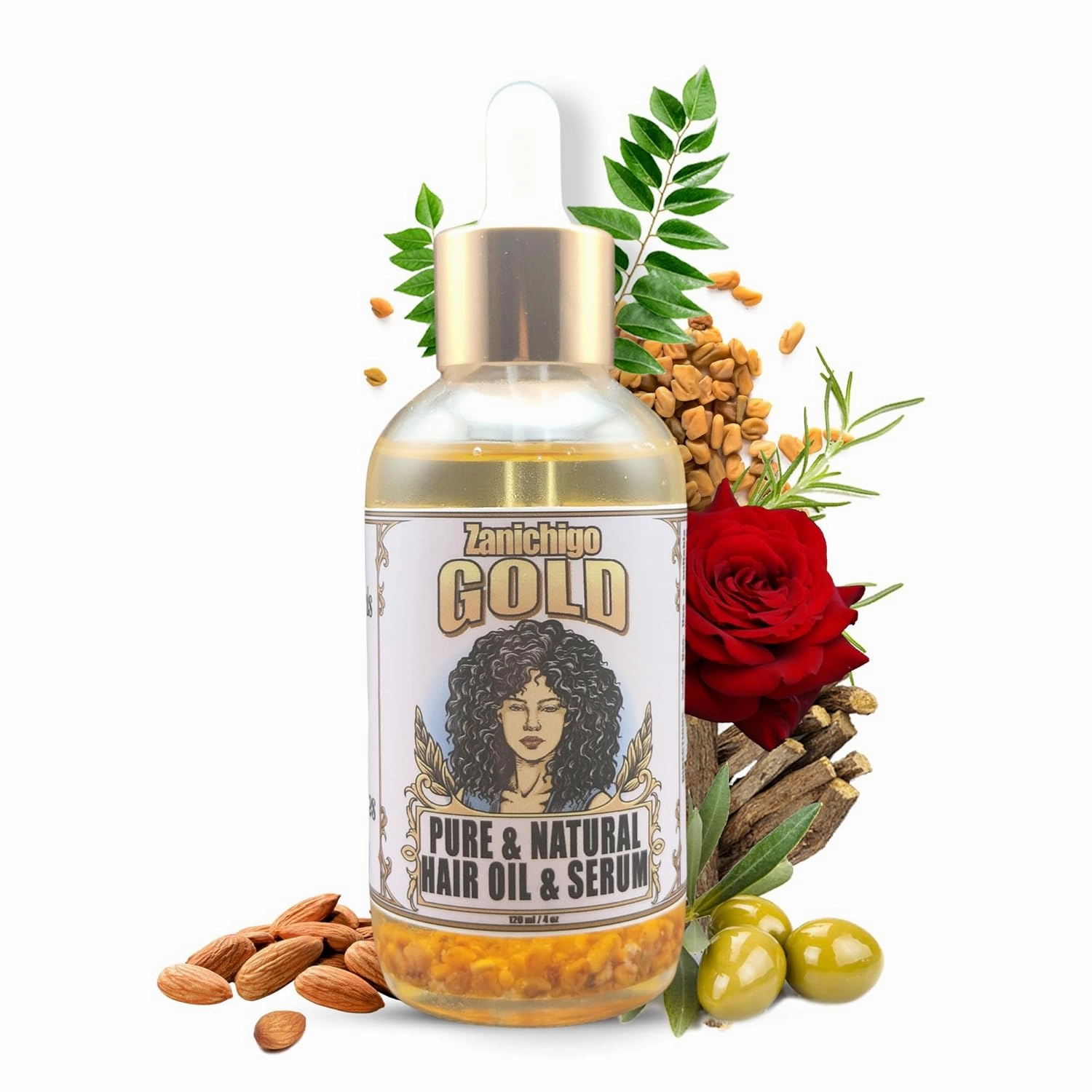 Gold Hair Oil – Fenugreek Strengthening Serum for Dry, Damaged, Frizzy & Coarse Hair | Anti-Hair Fall Sulfate-Free Hair Growth Oil Treatment | All-Natural | 2 Ounce