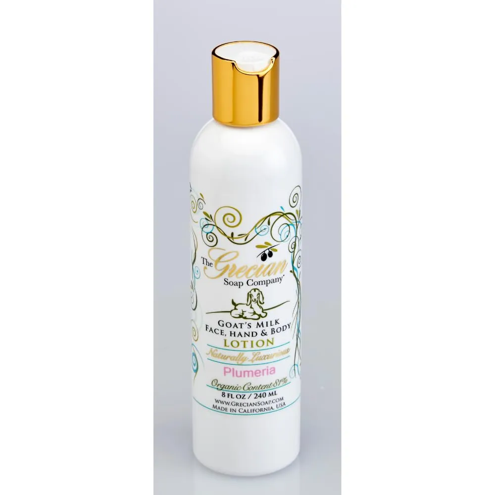 Grecian Organic Goat Milk Lotion for Women Plumeria Scent - Luxurious, Nourishing & Hydrating, 81% Organic with Aloe, Coconut Oil, Honey