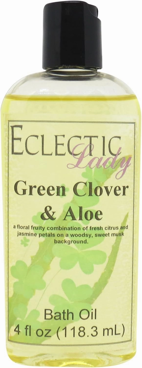 Green Clover and Aloe Bath Oil by Eclectic Lady - Scented Bath Oil - Relaxing & Moisturizing Bathing Oil - Fragrance Body Oil for Dry & Rough Sensitive Skin - Body Daily Nourishing Shower Oil (4 oz)
