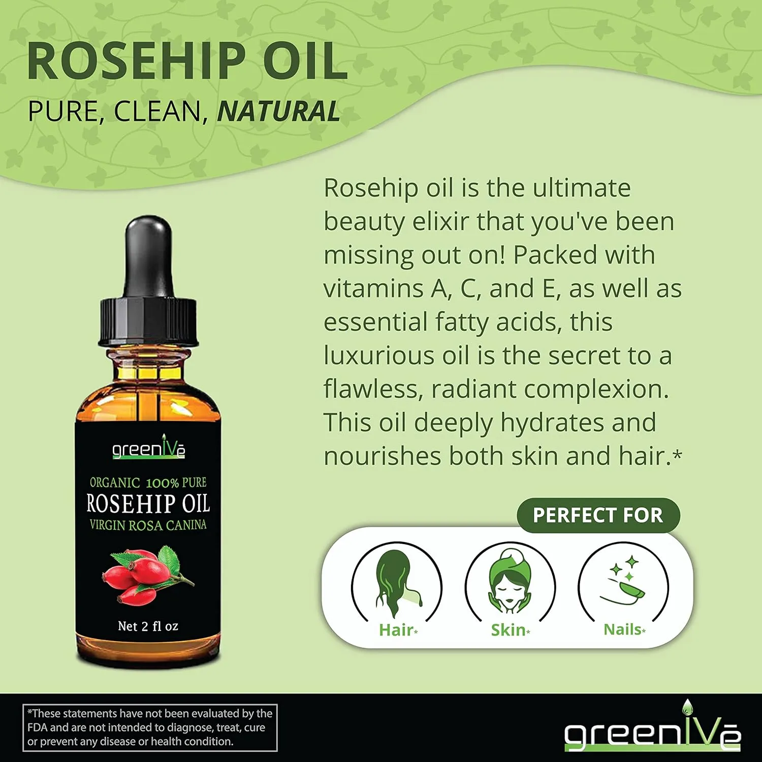 GreenIVe Organically Grown Rosehip Oil Rosa Canina 100% Pure Cold Pressed Virgin Oil Exclusively on Amazon (8 Fl Oz)
