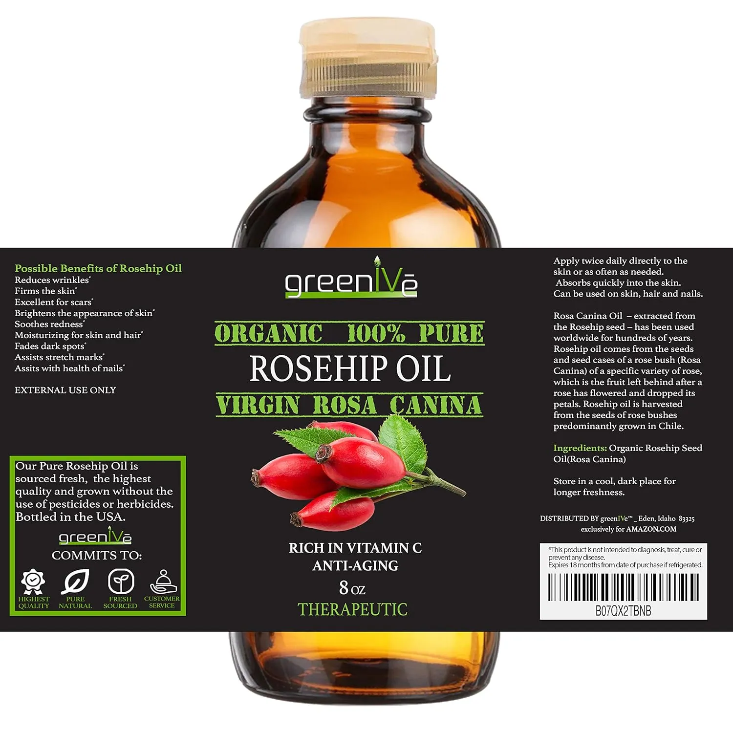 GreenIVe Organically Grown Rosehip Oil Rosa Canina 100% Pure Cold Pressed Virgin Oil Exclusively on Amazon (8 Fl Oz)