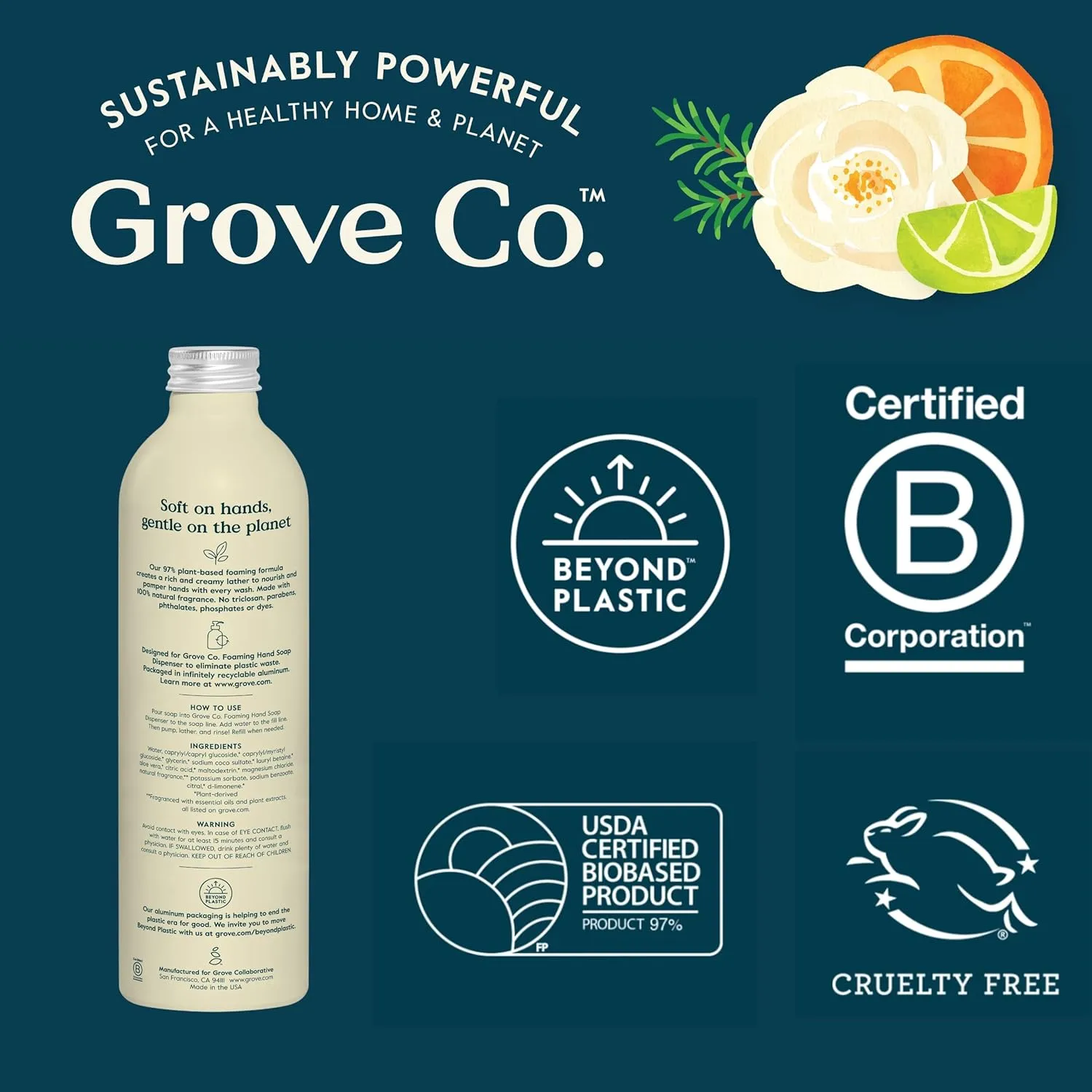 Grove Co. Hydrating Foaming Hand Soap Refills (2 x 12 Oz) Moisturizing Hand Wash, No Plastic or Parabens, Cruelty Free, 100% Natural Lemon & Eucalyptus Fragrance (Pack of 2)