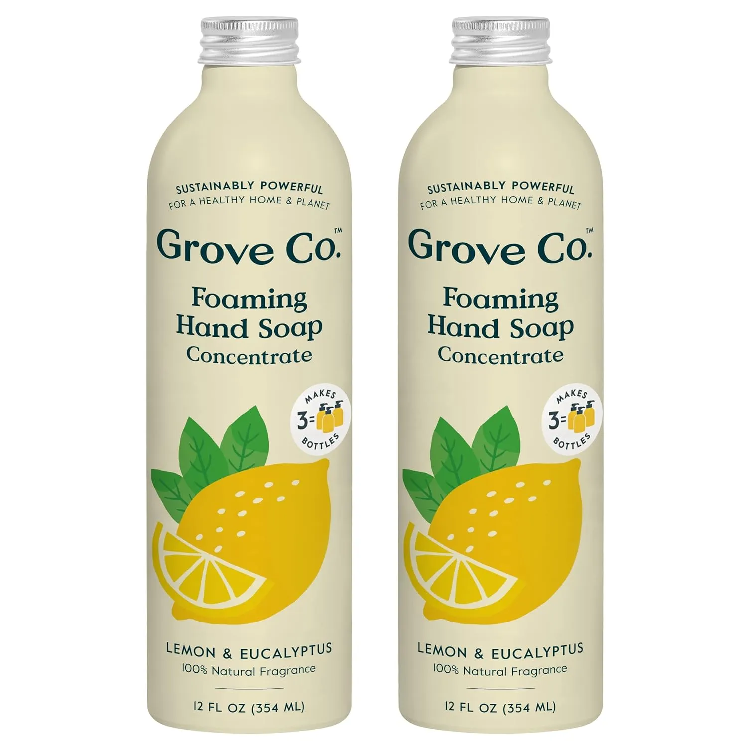 Grove Co. Hydrating Foaming Hand Soap Refills (2 x 12 Oz) Moisturizing Hand Wash, No Plastic or Parabens, Cruelty Free, 100% Natural Lemon & Eucalyptus Fragrance (Pack of 2)