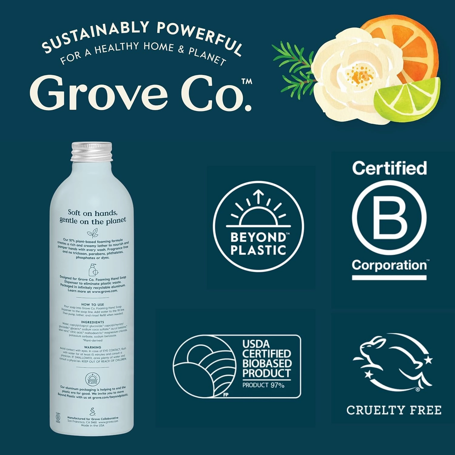 Grove Co. Hydrating Foaming Hand Soap Refills (2 x 12 Oz), Moisturizing Hand Wash, Fragrance-Free, No Plastic or Parabens, Cruelty Free, Free & Clear Unscented (Pack of 2)