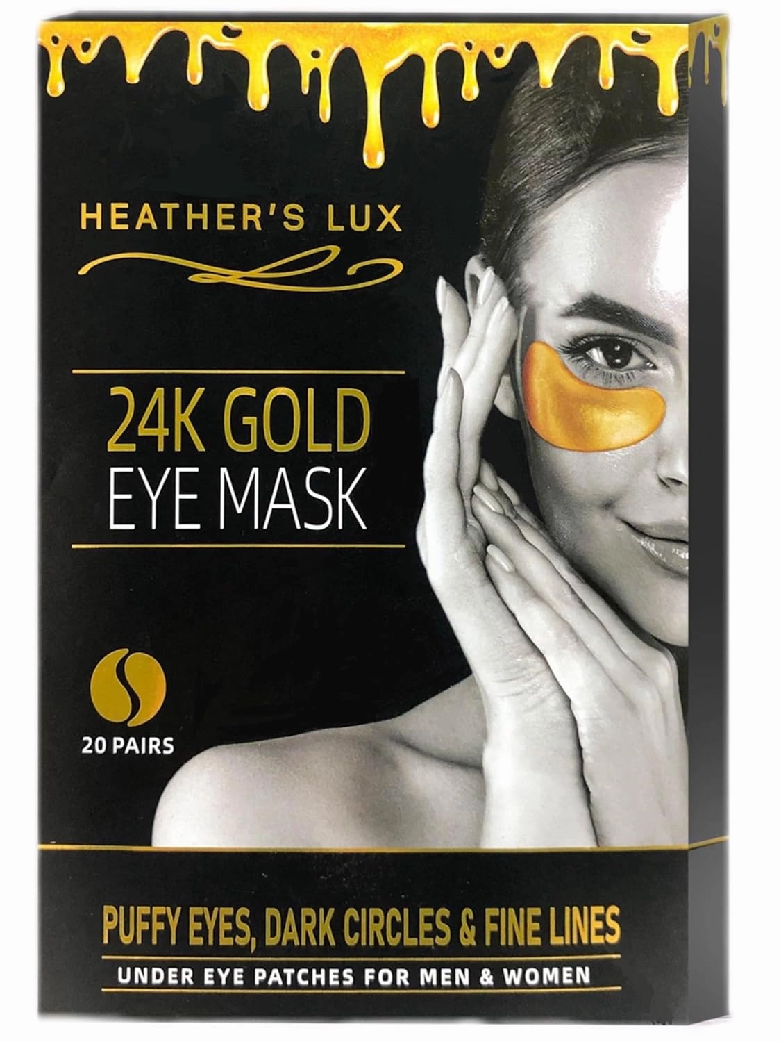 Heather's Lux 24K Gold Eye Masks Under Eye Patches Eye Gels for Dark Circles, Puffy Eyes, Puffiness, Wrinkles, Fine Lines, Rejuvenating, Hydrating, Anti-Aging (20 Pairs per Box)