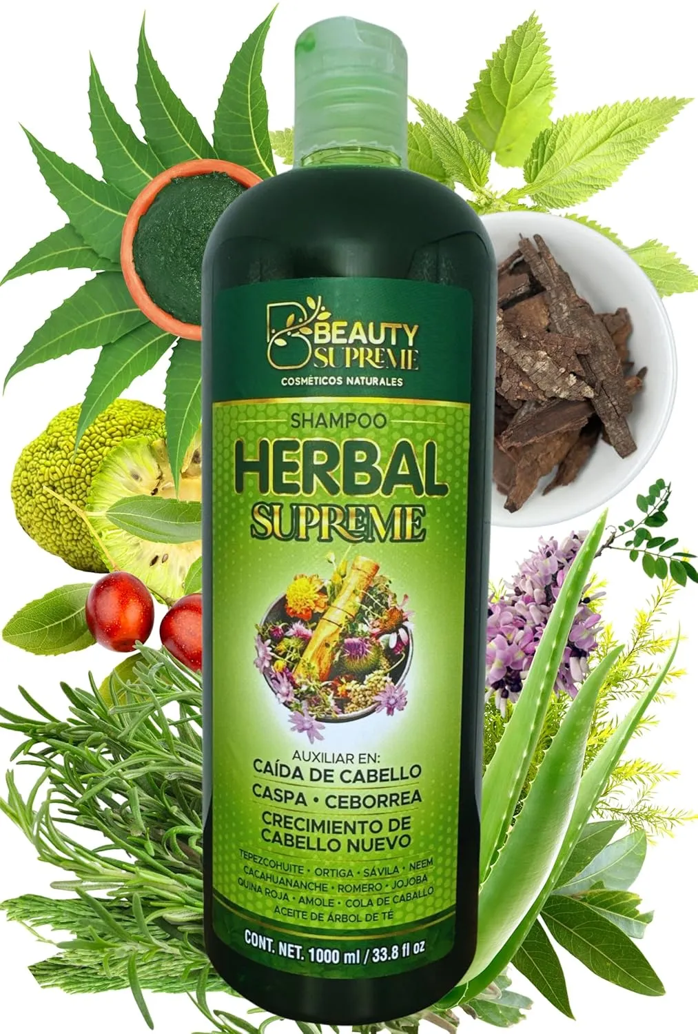 HERBAL Supreme Shampoo 33.8 fl oz Cacahuananche, Rosemary, Aloe, Neem, Horsetail, Nettle, Tepezcohuite & Natural Herbs (Cacahuananche, Romero, Savila, Neem, Cola caballo, Ortiga, Tepezcohuite)