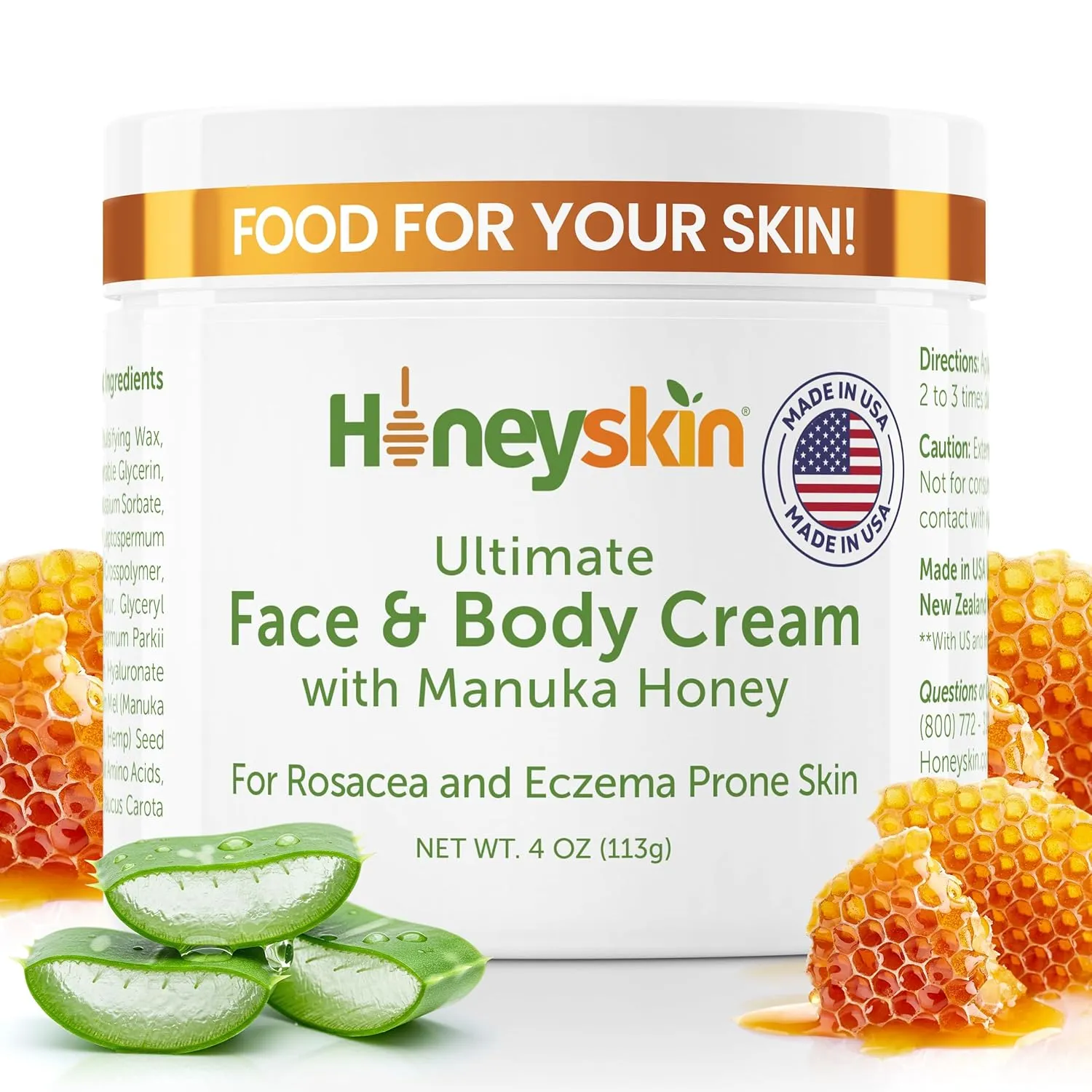 Hydrating Face Moisturizer & Body Cream with Manuka Honey Cream - Organic Face Moisturizer with Honey for Extremely Dry Skin - for Dry & Itchy Skin, Rosacea & Eczema Prone Skin 4oz