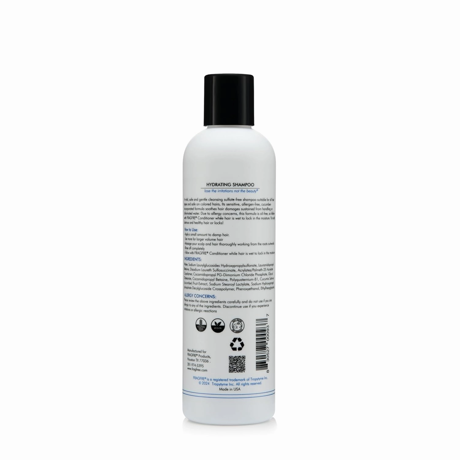 Hydrating Sensitive Skin Shampoo 8 oz - Sulfate Free Shampoo Fragrance Free Paraben Free - Color Safe Hypoallergenic Mild Hair Cleanser - Gluten Free Vegan - Natural Cucumber