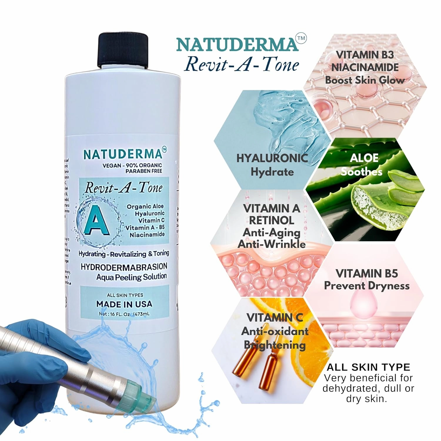 Hydrodermabrasion Solutions | Revitalizing Antioxidant Serum for Hydro Dermabrasion Machine and Oxygen Facial, Revita-A-Tone, 16 oz | and Hyaluronic Acid Serum with Vitamin C, 1oz, by Natuderma