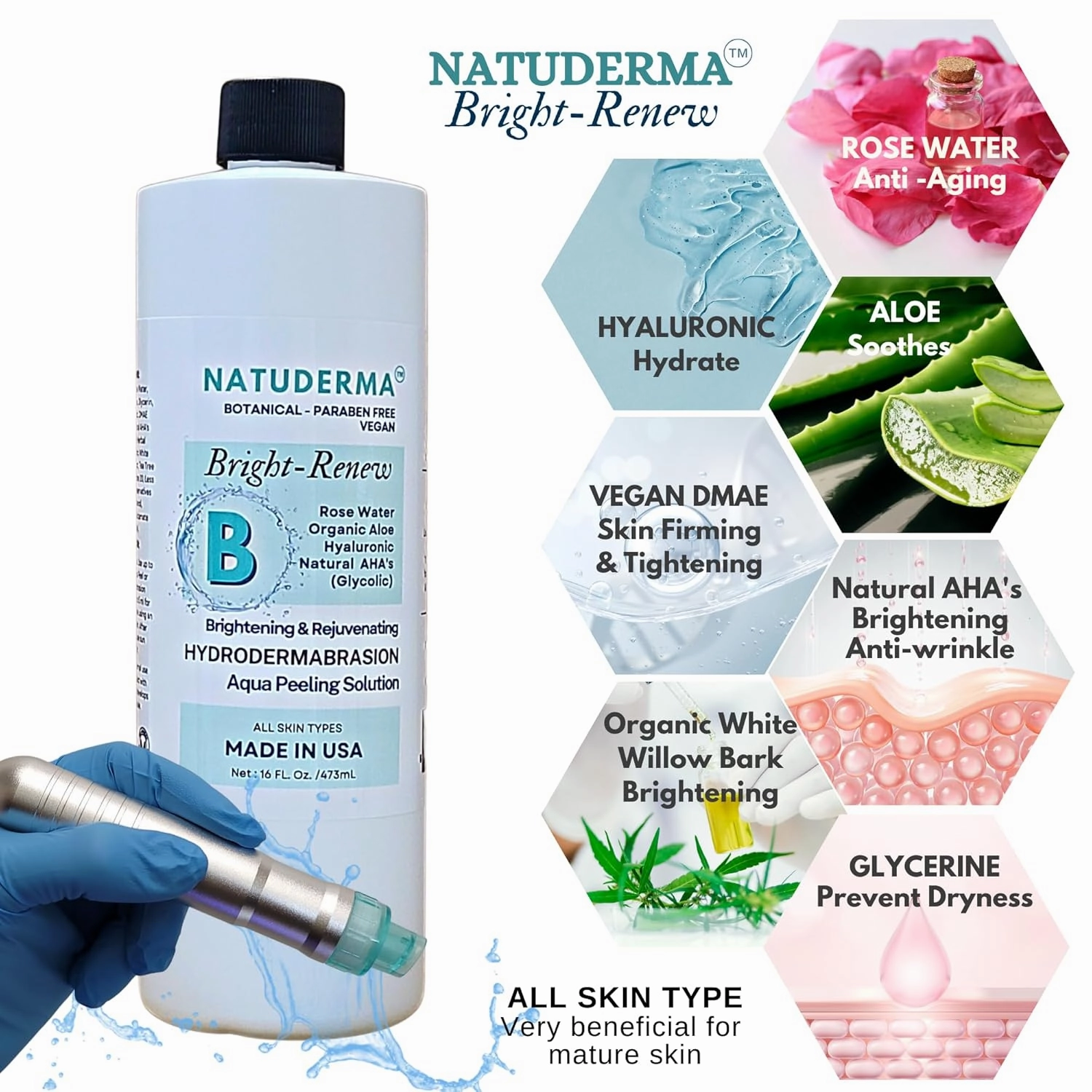 Hydrodermabrasion Solutions Set | Brightening Rejuvenating Serum for Hydro Dermabrasion Machine and Oxygen Facial, Bright-Renew of 16oz | and Super Vitamin C Serum of 1oz by Natuderma
