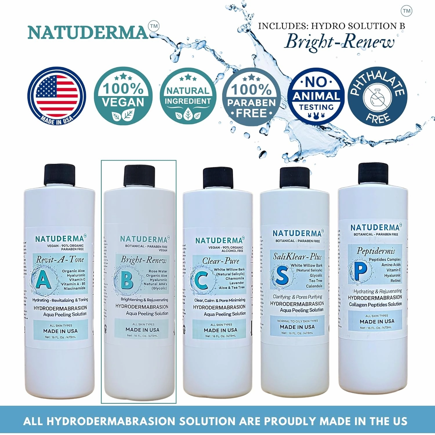 Hydrodermabrasion Solutions Set | Brightening Rejuvenating Serum for Hydro Dermabrasion Machine and Oxygen Facial, Bright-Renew of 16oz | and Super Vitamin C Serum of 1oz by Natuderma