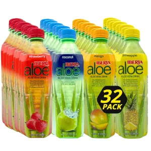 Iberia Aloe Vera Drink with Pure Aloe Pulp, Variety, (Pack of 32) 8 x Coconut, 8 x Mango, 8 x Pineapple, 8 x Strawberry