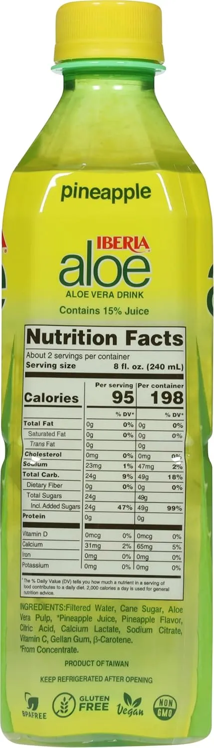 Iberia Aloe Vera Juice Drink with Pure Aloe Pulp, Pineapple, 16.9 Fl Oz (Pack of 8)