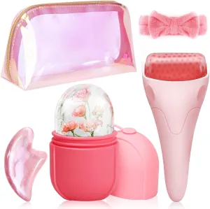 Ice Roller and Ice Mold for Face Massager Tools - 5-Piece Face Roller Skin Care Kit with Ice Face Roller, Face Ice Mold, SPA Headband, Gua Sha Tool-Beautiful Clutch Bag Included
