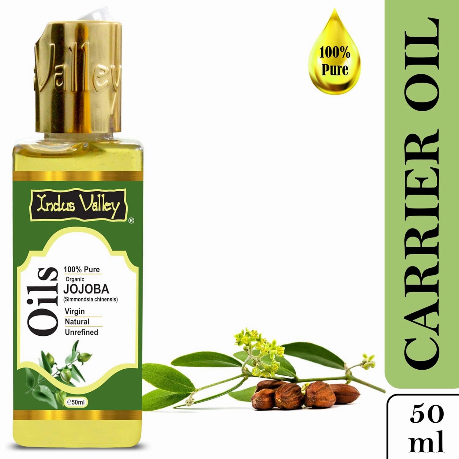 INDUS VALLEY 100% Natural Cold Pressed (Jojoba Carrier Oil (50ml)) Moisturizing for Face, Hair, Skin & Nails | Organic Jojoba Oil