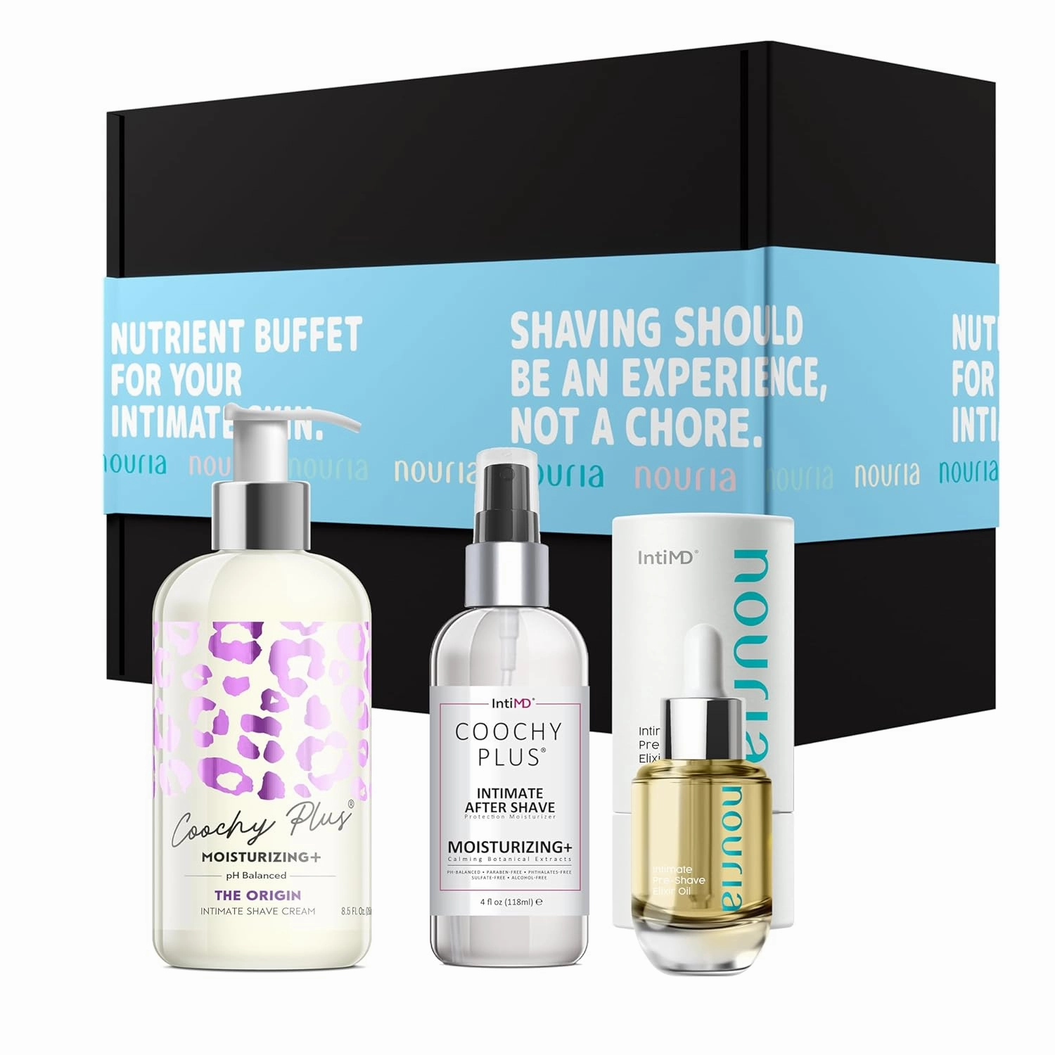 IntiMD Coochy Plus HydroLock Moisturizing   3-Steps Kit Intimate Shave Gift Set: Nouria Pre-Shave Elixir Oil   Coochy Plus Shave Cream The Origin   Coochy Plus After Shave Protection Mist