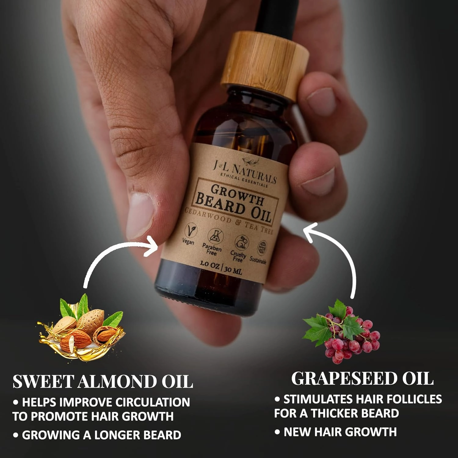 J&L Naturals | Beard Oil for Men | Growth, Grooming, Thicker Hair, Beard Care | 100% Natural Ingredients With Argan Oil, Jojoba Oil, Coconut Oil (1 Fl Oz (Pack of 1), Cedarwood & Tea Tree)