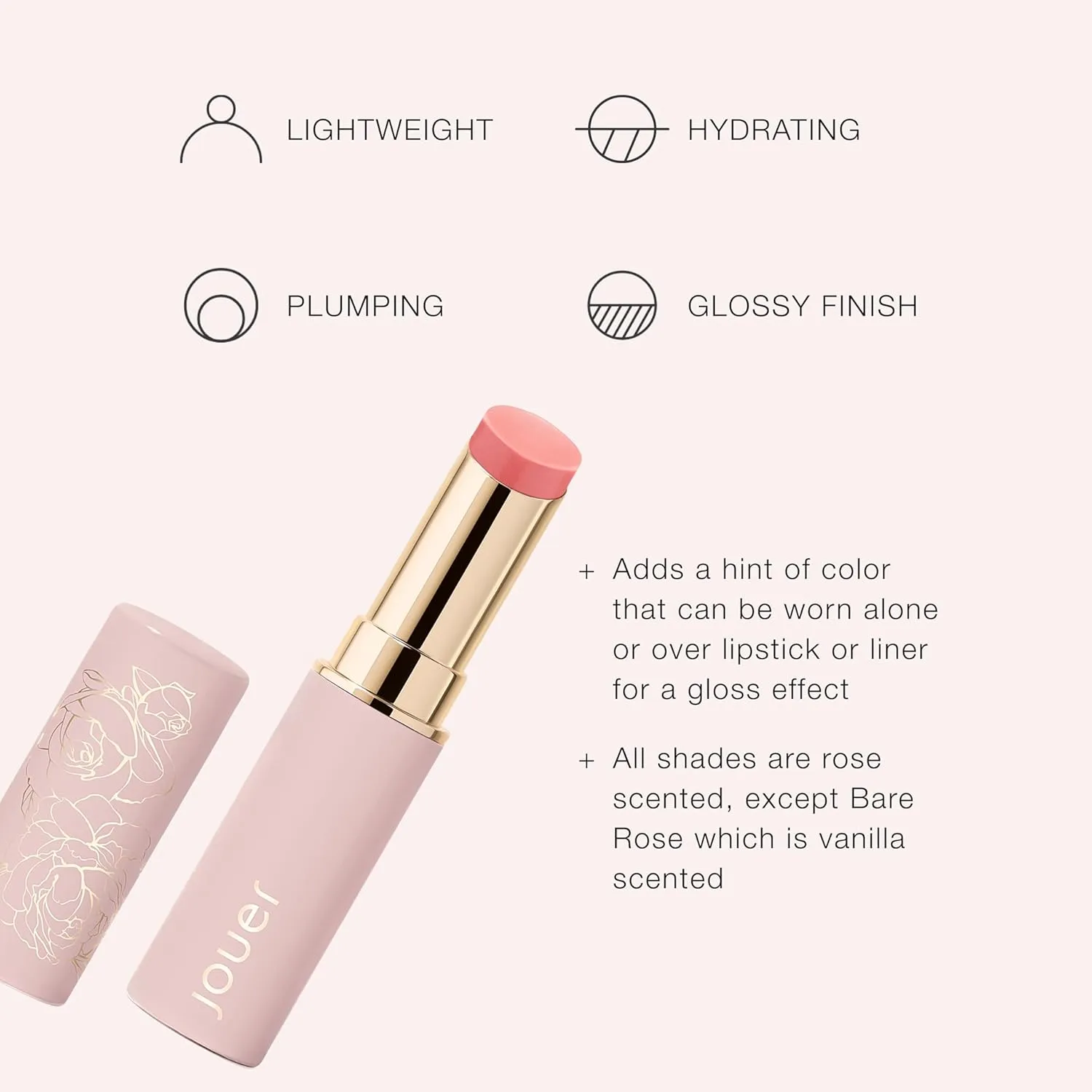 Jouer Essential Lip Enhancer Shine Balm - Enhancing Tinted Lip Balm - Moisturize, Plump, & Nourishing Lip Care - Jojoba Seed Oil and Maxi Lip Formula for Moisturizing and Fullness, Bare Rose