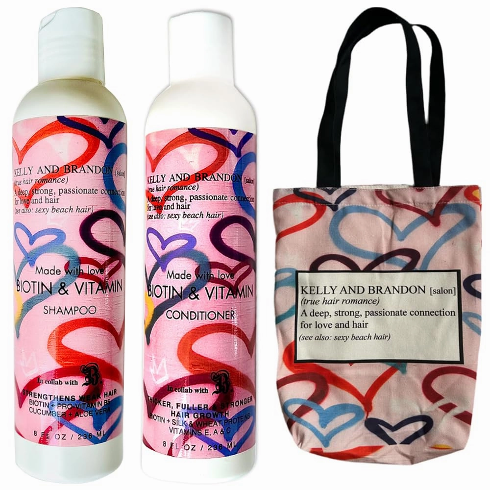 Kelly And Brandon Biotin Shampoo & Conditioner Set For Hair Growth W Free Love & Hearts Canvas Tote 8ozX2