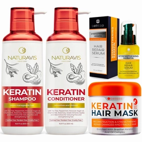 Keratin Shampoo and Conditioner Set with Hyaluronic Acid and Keratin Hair Mask and Serum