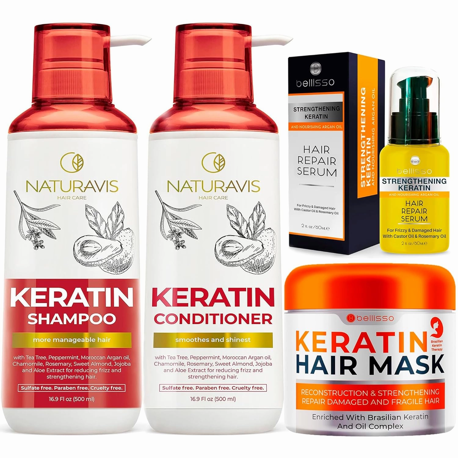 Keratin Shampoo and Conditioner Set with Hyaluronic Acid and Keratin Hair Mask and Serum