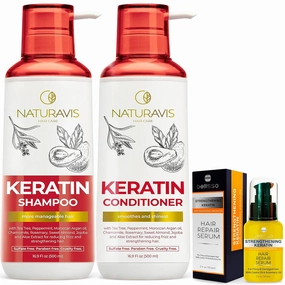 Keratin Shampoo and Conditioner Set with Hyaluronic Acid and Keratin Hair Serum