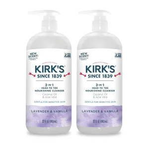 Kirk's 3-in-1 Head to Toe Nourishing Liquid Cleanser- for Men, Women & Children - Premium Coconut Oil & Aloe Vera- Non GMO & Vegan - Lavender and Vanilla - 32 Fl Oz. - 2 Pack