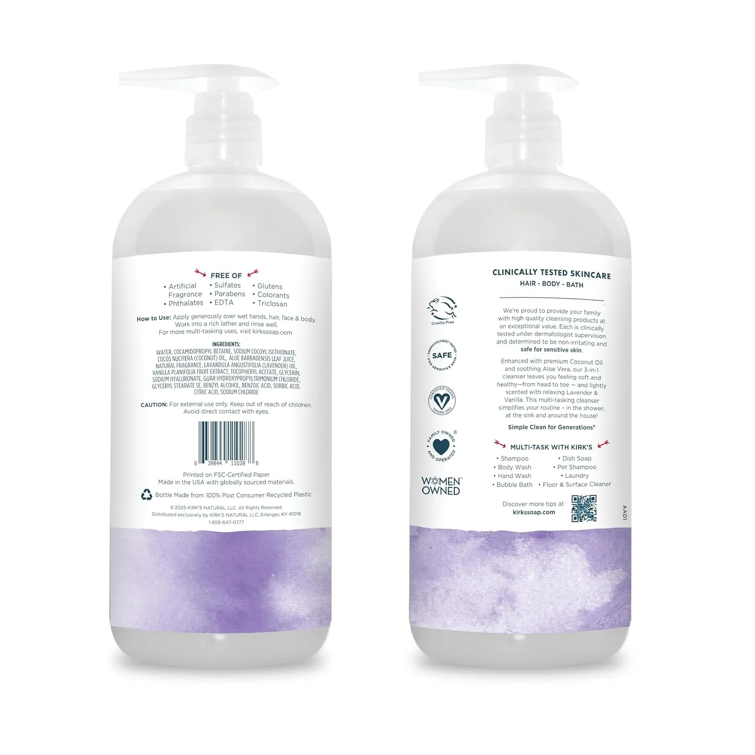 Kirk's 3-in-1 Head to Toe Nourishing Liquid Cleanser- for Men, Women & Children - Premium Coconut Oil & Aloe Vera- Non GMO & Vegan - Lavender and Vanilla - 32 Fl Oz. - 2 Pack