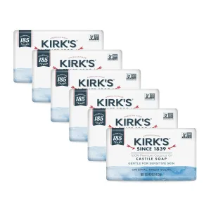 Kirk's Castile Bar Soap for Men, Women & Children - Made With Premium Coconut Oil, Sensitive Skin Formula, Vegan, Non GMO, Original Fresh Scent, 4 oz. Bars, 6 Pack