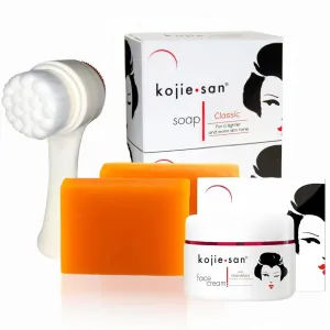 Kojie San Skincare Bundle - Facial Brightening Set with 2 Bars of Kojic Acid Soap, Face Cream & Exfoliating Face Brush