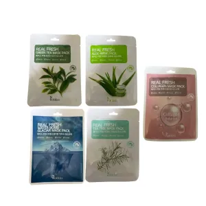 Korea Real Fresh Mask Sheet Pack Variety, 5 Masks - Aloe, Glaciar, Green Tea, Tea Tree, Collagen, korean face mask