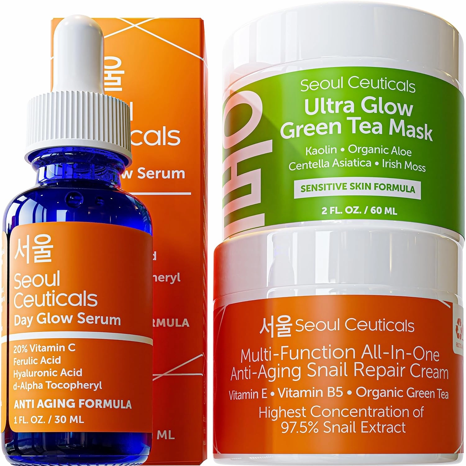 Korean Skin Care Set - Contains Korean Snail Cream   Korean Green Tea Face Mask   Korean Vitamin C Serum - This Potent Korean Skincare Set Provides Healthy, Youthful & Glowing Skin