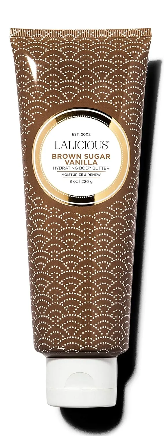 LALICIOUS Brown Sugar Vanilla Body Butter - Hydrating Body Moisturizer with Shea Butter, Cucumber Extract & Apricot Oil, No Parabens (8 Ounces)