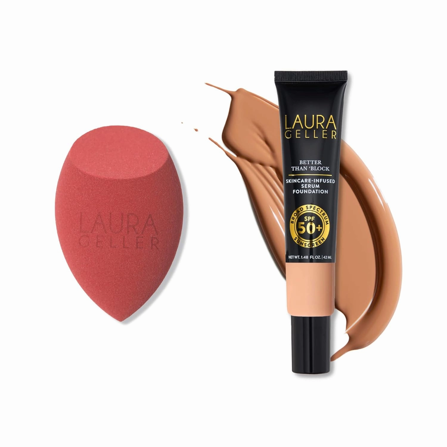 LAURA GELLER Better Than 'Block Skincare-Infused Serum Foundation with SPF 50 Broad Spectrum Protection, Golden Medium   Latex-Free Full Face Makeup Blending Sponge
