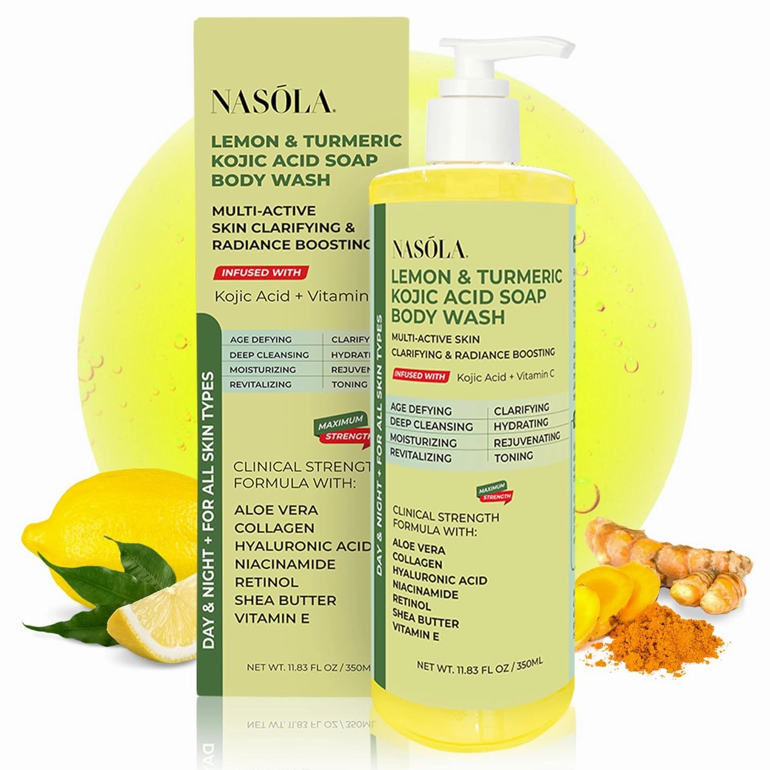 Lemon Turmeric Kojic Acid Soap Body Wash - Natural Gentle Face & Skin Cleanser with Vitamin C, Shea Butter, Collagen, Niacinamide, Hyaluronic Acid, and Aloe Vera - 11.83 Fl Oz